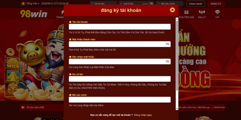 Quy trình 03 bước đăng ký 98Win